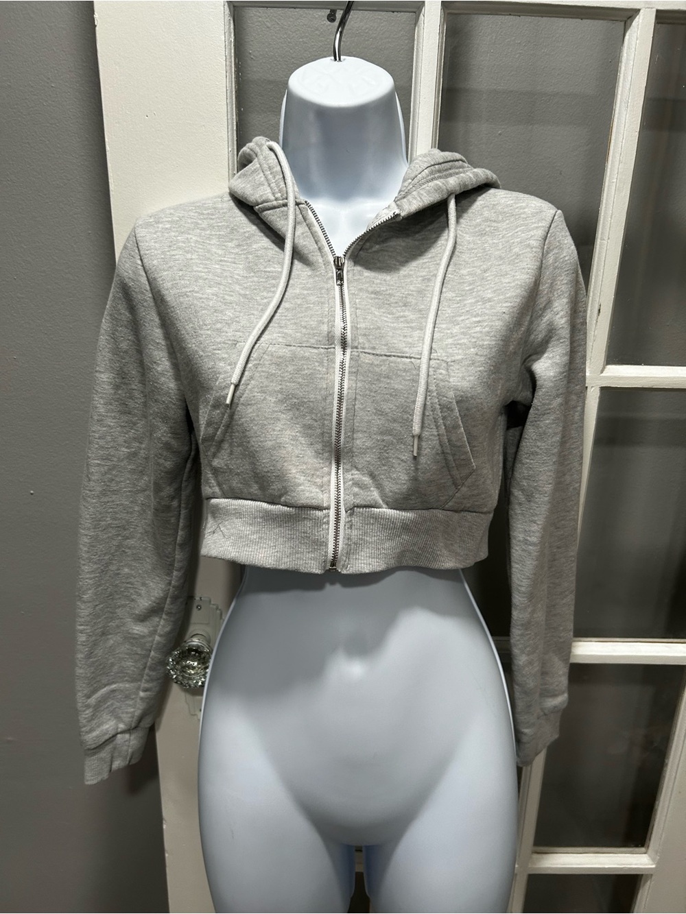 Cropped Gray Zip-Up Hoodie - Women Tops